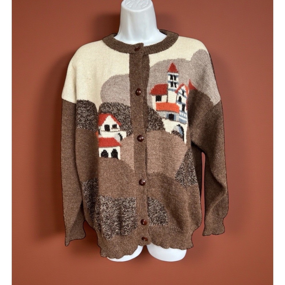VTG IntiWara Alpaca Wool Cardigan Sweater XL Bolivia Village Scene Handmade EUC